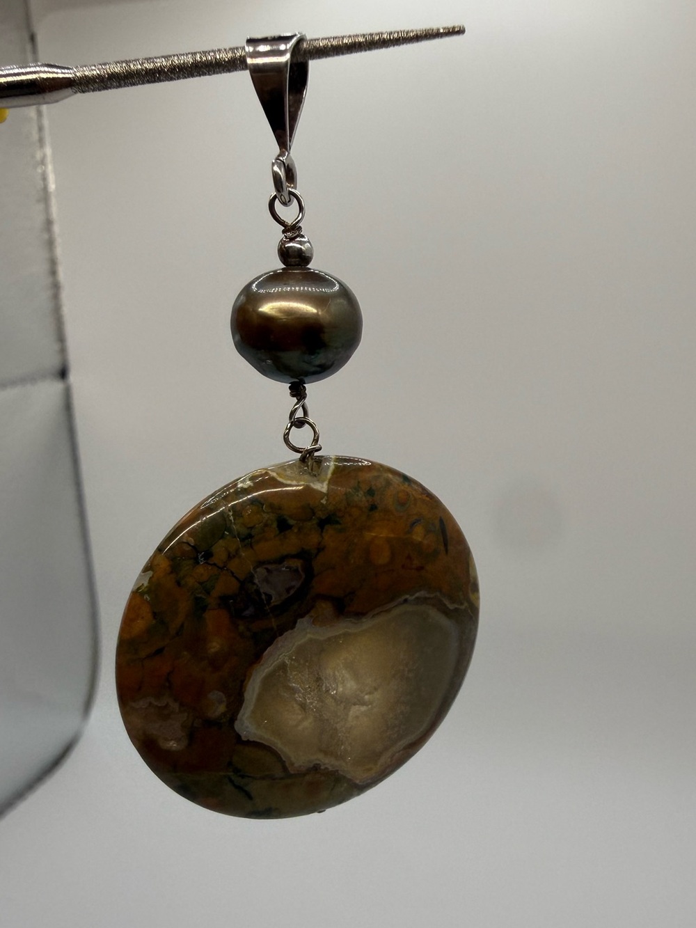925 Sterling Silver Ocean Jasper Cultured Pearl Large Artisan Pendant